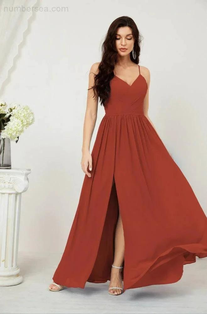 Numbersea Neck Bridesmaid Dresses Chiffon Long Spaghetti A-line Formal Prom Gown for Wedding Party Evening 2801 by numbersea
