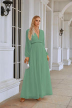 Ladies V Neck Chiffon Long Sleeve Front Slit Bridesmaid Evening Dress Wedding Party Shopping Evening Dress 28109 by numbersea