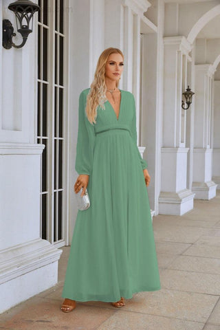 Ladies V Neck Chiffon Long Sleeve Front Slit Bridesmaid Evening Dress Wedding Party Shopping Evening Dress 28109