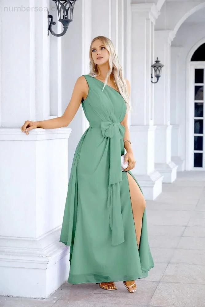 Ladies Chiffon One Shoulder Bridesmaid Evening Dress Wedding Party Evening Dress 28133 by numbersea