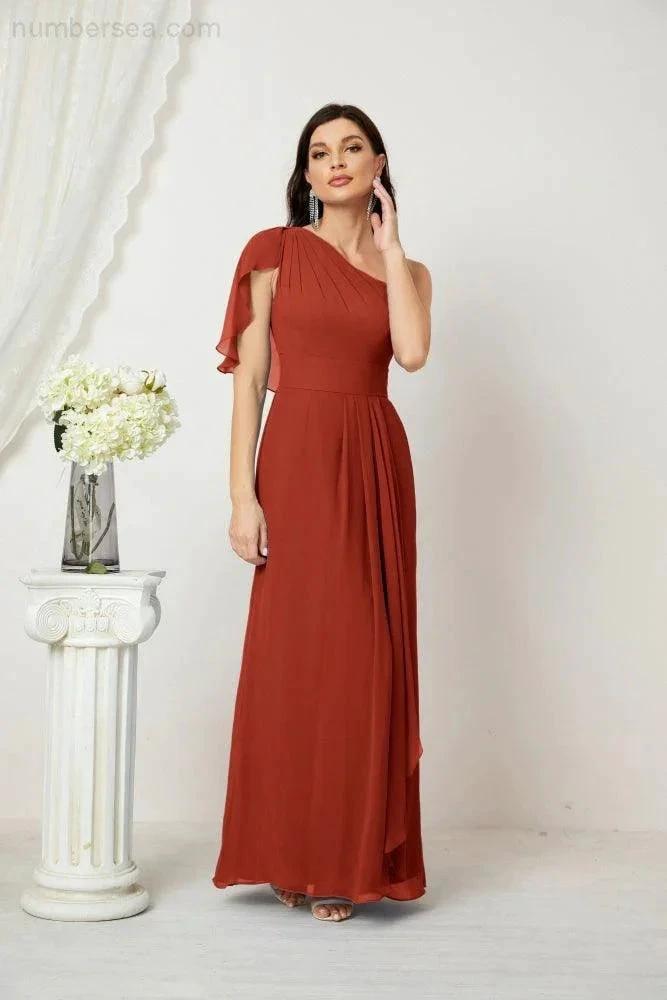 Numbersea Chiffon Ruffled One Shoulder Long Bridesmaid Dresses A-line Formal Evening Gown Side Split 2809 by numbersea
