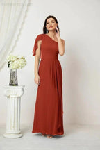 Numbersea Chiffon Ruffled One Shoulder Long Bridesmaid Dresses A-line Formal Evening Gown Side Split 2809 by numbersea