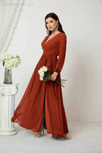 Sunnderly Evening Dresses Deep V-Neck Chiffon Bridesmaid Dresses Long Bishop Sleeve Side Split Formal Dress SY2806 by numbersea