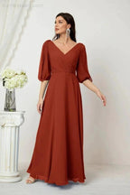 Numbersea Formal Prom Gown Women V-Neck Chiffon Bridesmaid Dresses Long Bishop Sleeve Party Dress 2807 by numbersea