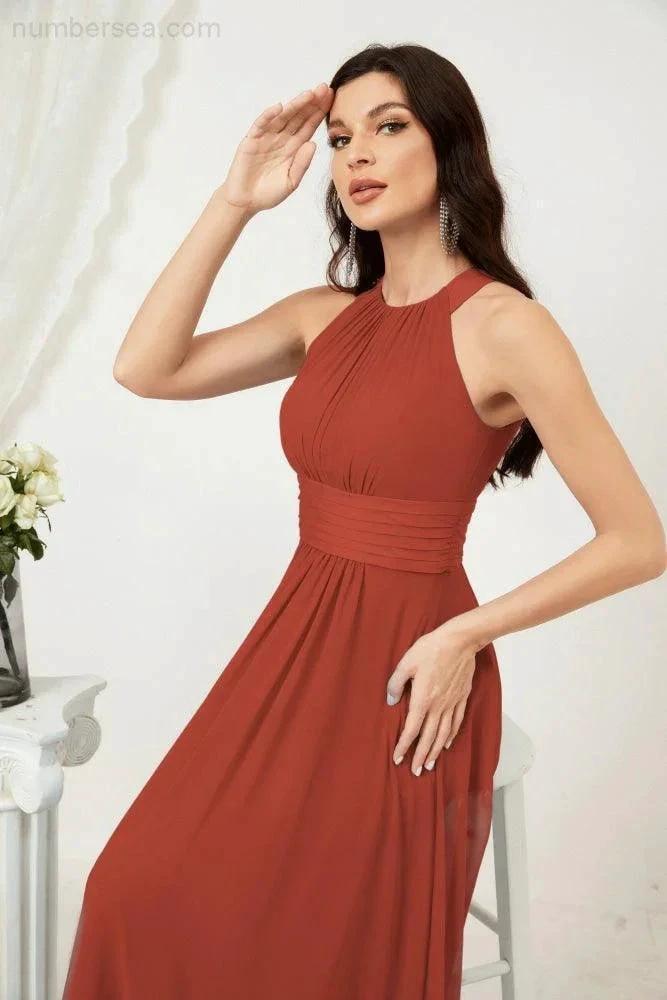 Numbersea Formal Party Gown Dress Chiffon Halter Long Sleeveless Bridesmaid Dresses 2802 by numbersea