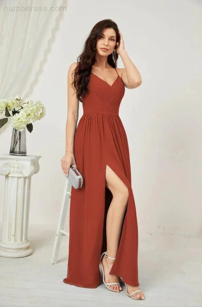 Numbersea Neck Bridesmaid Dresses Chiffon Long Spaghetti A-line Formal Prom Gown for Wedding Party Evening 2801 by numbersea