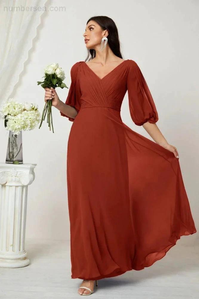 Numbersea Formal Prom Gown Women V-Neck Chiffon Bridesmaid Dresses Long Bishop Sleeve Party Dress 2807 by numbersea