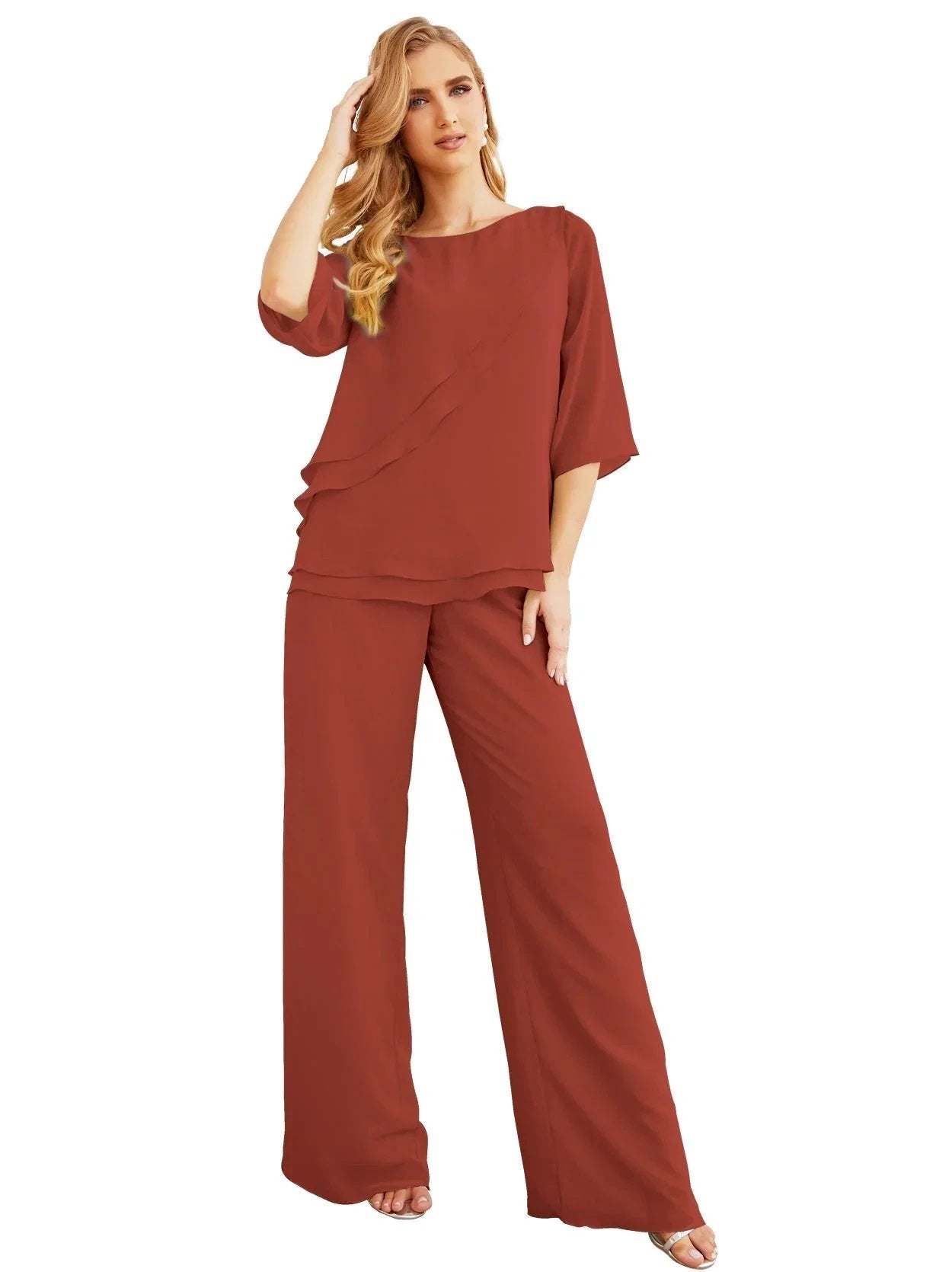 Sunnderly Elegant 2 Piece Mother of The Bride Dress Plus Size Pant Suits Ruffle Layers Sliver Housecoat SY28064 by numbersea