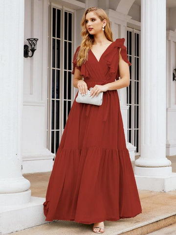 Numbersea Women's Open Back Formal Evening Party Prom Gowns V-Neck Long Chiffon Bridesmaid Dresses with Waist Belt 28038