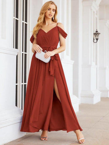 Numbersea Off The Shoulder Chiffon Bridesmaid Dress Long Formal Graduation Gown with Cowl Back 28069