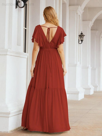 Numbersea Women's Open Back Formal Evening Party Prom Gowns V-Neck Long Chiffon Bridesmaid Dresses with Waist Belt 28038