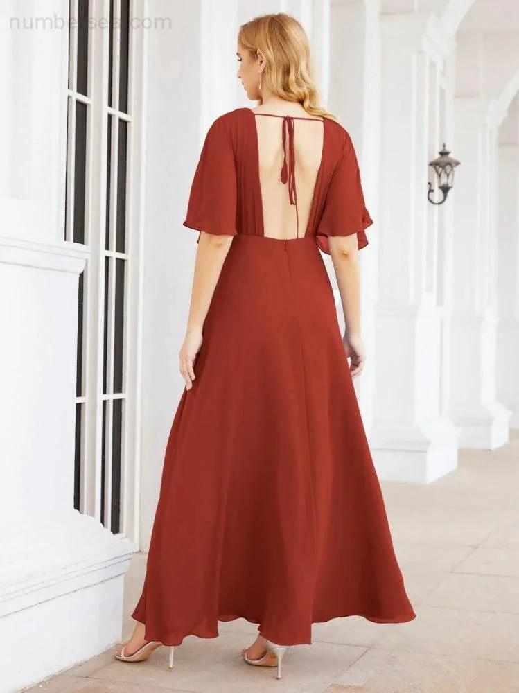 Numbersea V-Neck Bridesmaid Dress Chiffon Long Open Back Formal Dresses for Women Party Evening 28067 by numbersea