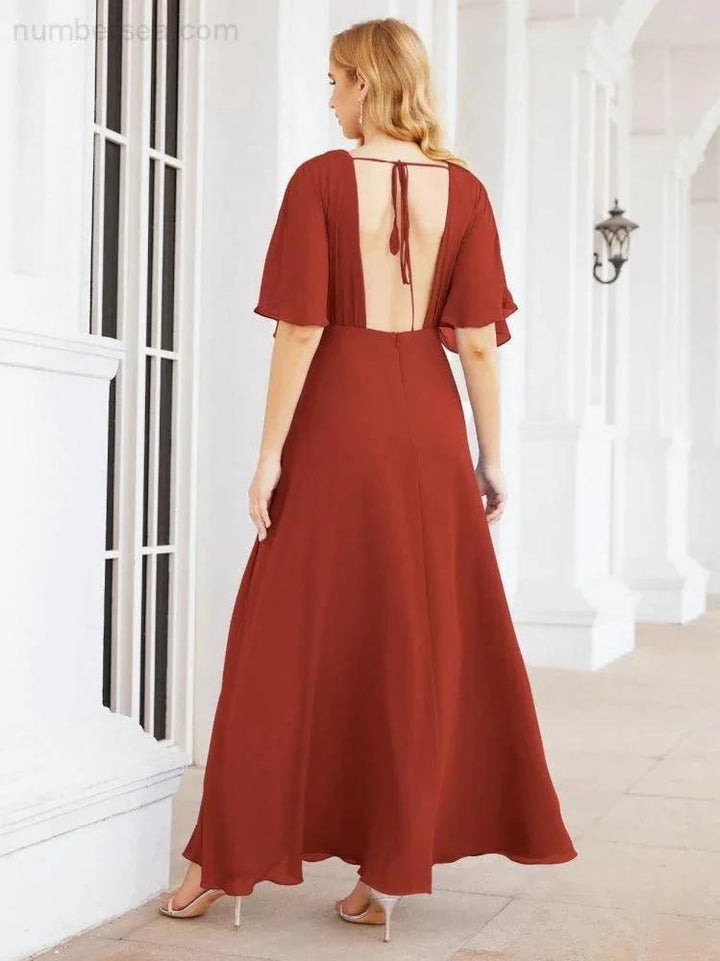 Numbersea V-Neck Bridesmaid Dress Chiffon Long Open Back Formal Dresses for Women Party Evening 28067 by numbersea