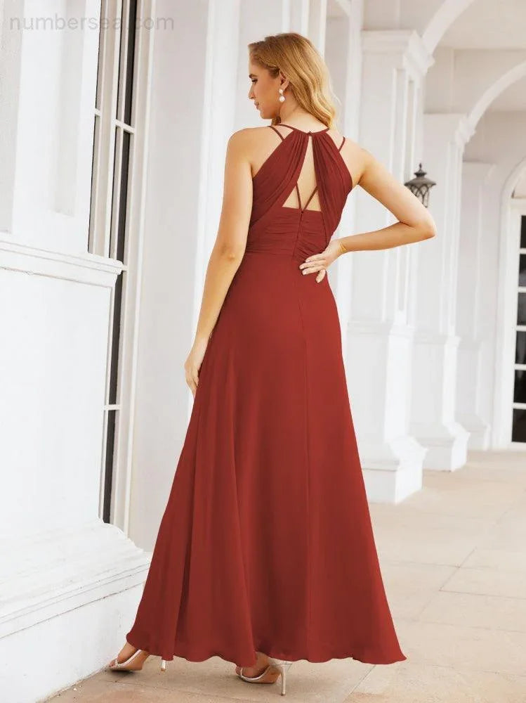 Vestidos de Damas de Honra Numbersea com Alças Duplas de Espaguete para Mulher Vestido Longo Formal para Festa com Fenda Lateral 28051