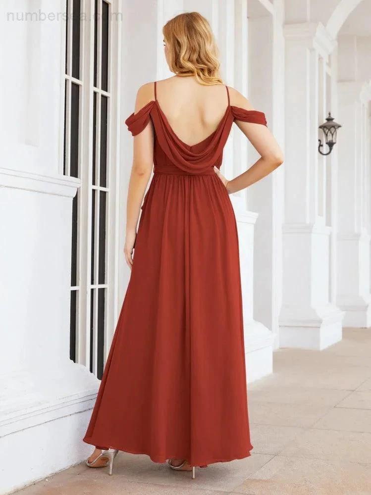 Numbersea Off The Shoulder Chiffon Bridesmaid Dress Long Formal Graduation Gown with Cowl Back 28069 by numbersea