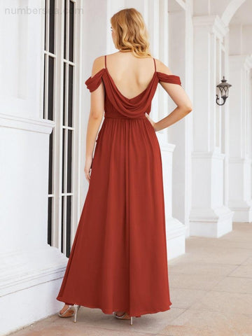 Numbersea Off The Shoulder Chiffon Bridesmaid Dress Long Formal Graduation Gown with Cowl Back 28069