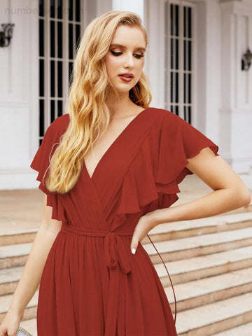 Numbersea Women's Open Back Formal Evening Party Prom Gowns V-Neck Long Chiffon Bridesmaid Dresses with Waist Belt 28038