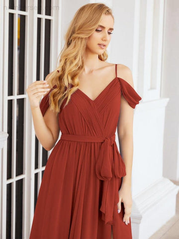 Numbersea Off The Shoulder Chiffon Bridesmaid Dress Long Formal Graduation Gown with Cowl Back 28069