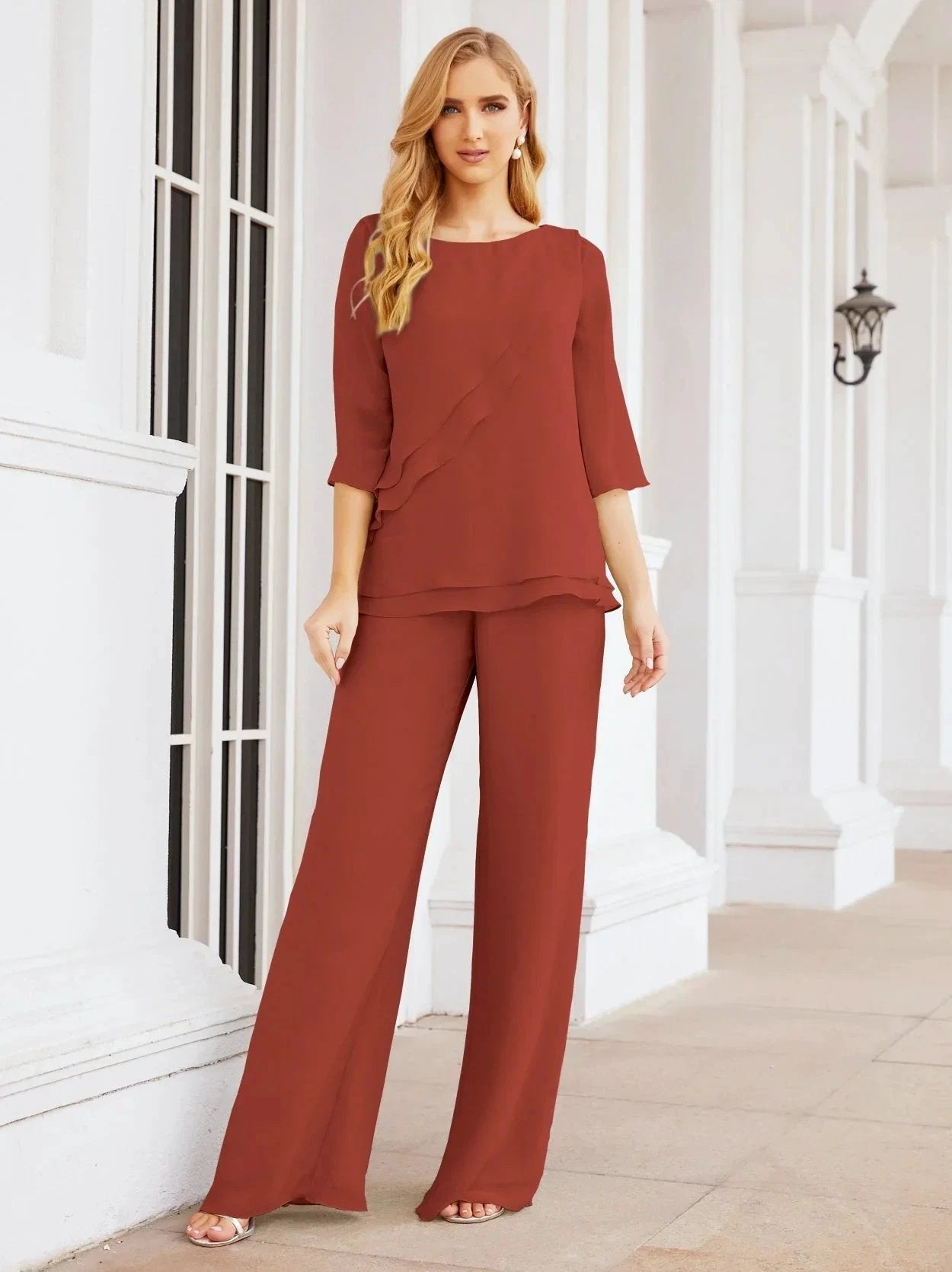 Sunnderly Elegant 2 Piece Mother of The Bride Dress Plus Size Pant Suits Ruffle Layers Sliver Housecoat SY28064 by numbersea
