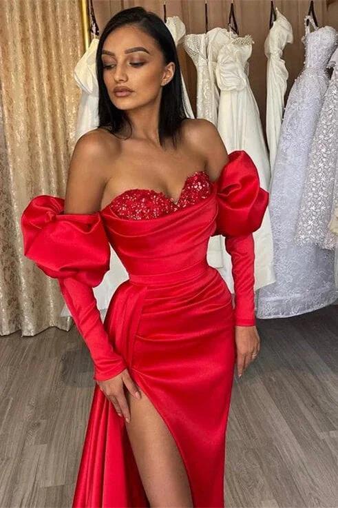 Long Mermaid Off the Shoulder Satin Front Slit Prom Gown with Bubble Sleeves by BIZTUNNEL