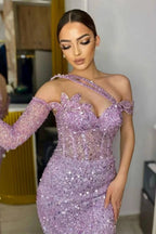 Gorgeous Lavender Sequins One Shoulder Mermaid Prom Dress with Long Sleeves by BIZTUNNEL