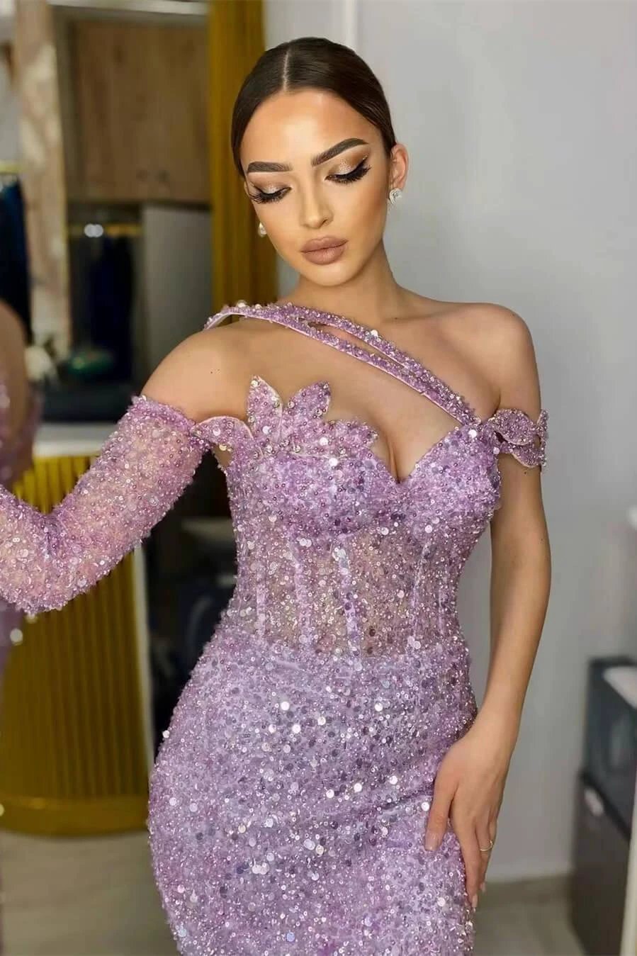 Gorgeous Lavender Sequins One Shoulder Mermaid Prom Dress with Long Sleeves by BIZTUNNEL