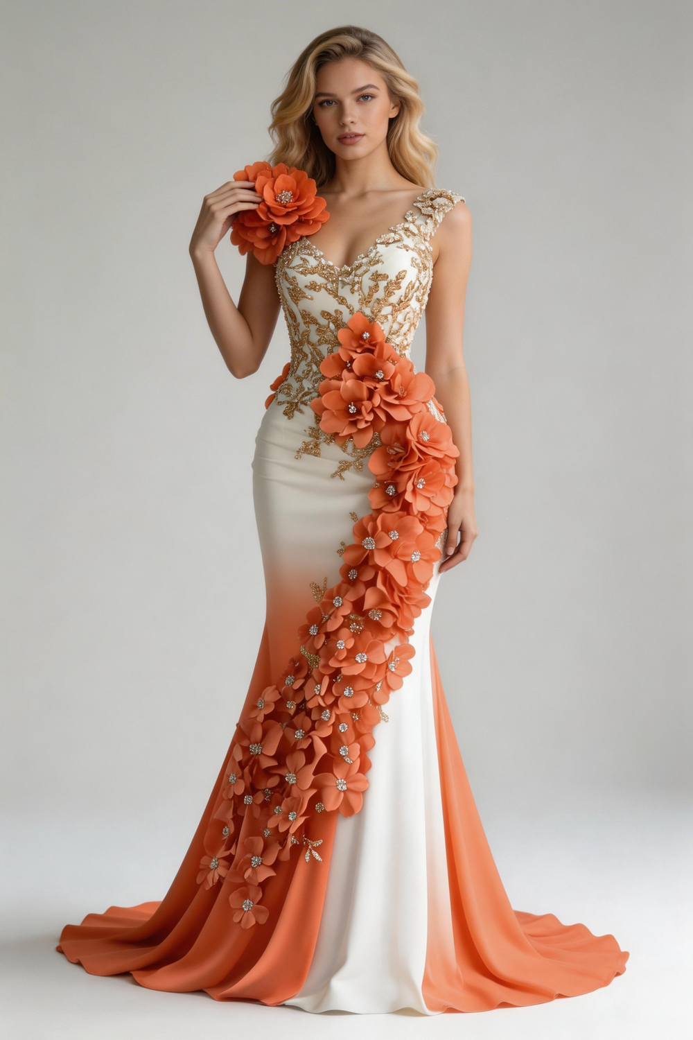 Classy Peony Flower Appliques Chiffon Mermaid Prom Dress Evening Dress Y8567