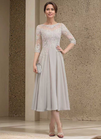 Light grey mesh embroidered chiffon dress