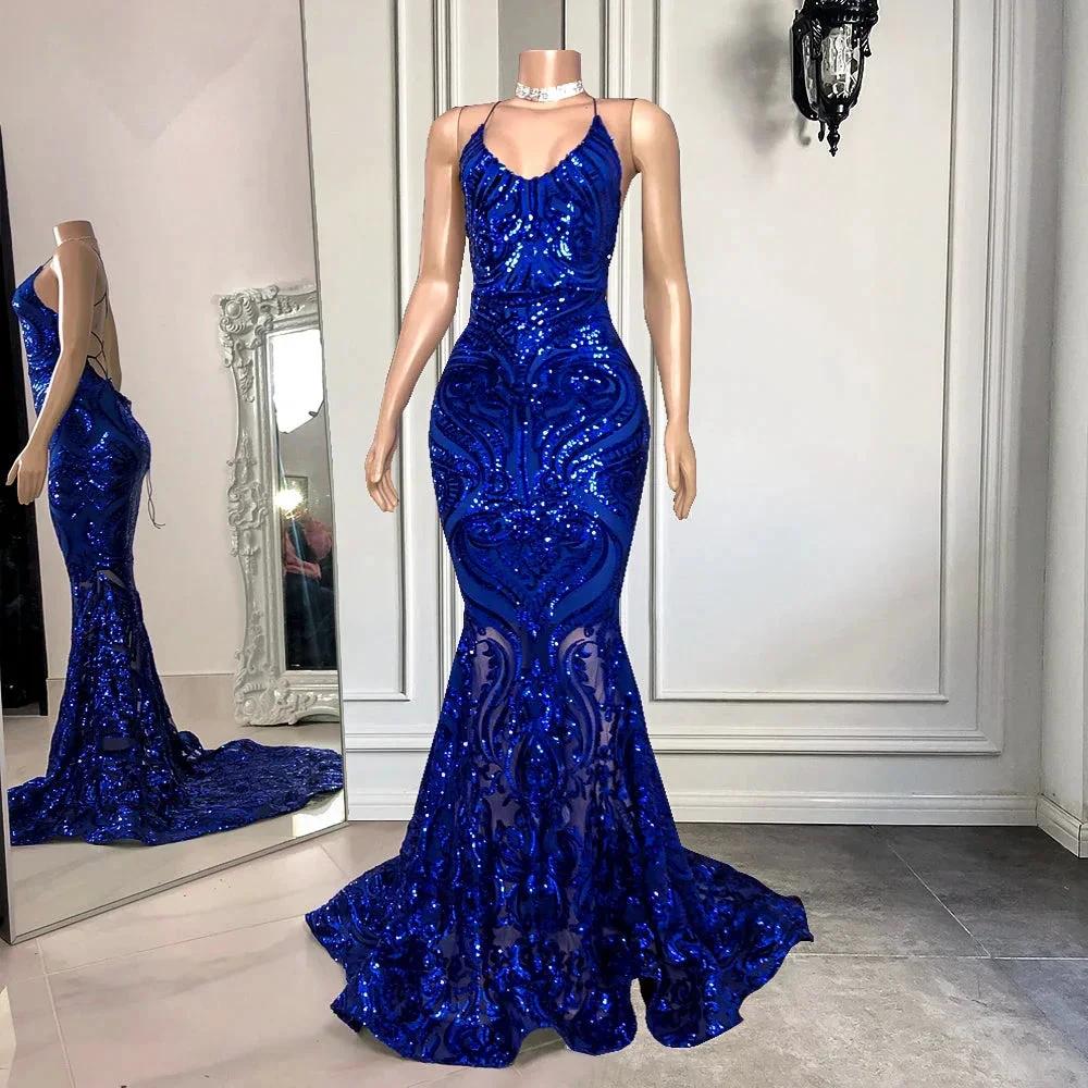 Open Back Spaghetti Straps Mermaid Long Prom Dress With Sequins in Royal Blue by BIZTUNNEL