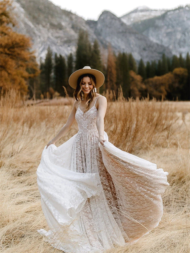 Straps Bohemian Wedding Dresses For Women Sleeveless V Neck A Line Beach Bride Dresses Romantic Boho Bridal Gown Hover Image