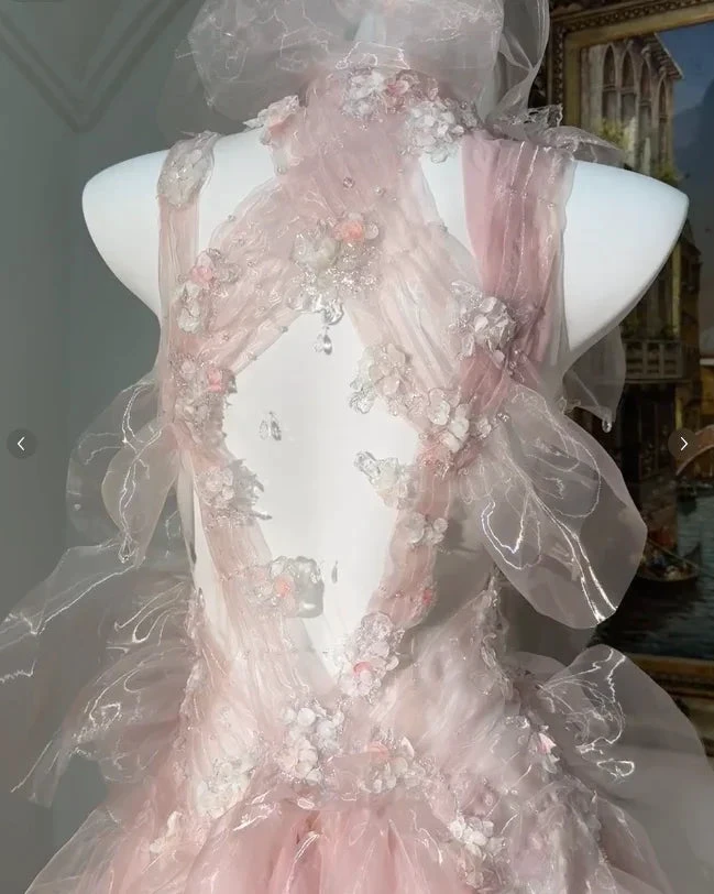 Fairy Pink Tulle Beaded Prom Dress Long Backless Evening Dress Y8564 by simplepromdress