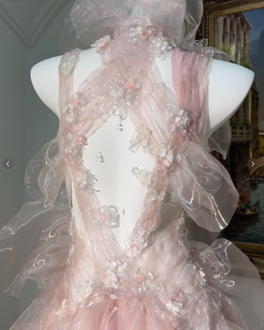 Fairy Pink Tulle Beaded Prom Dress Long Backless Evening Dress Y8564