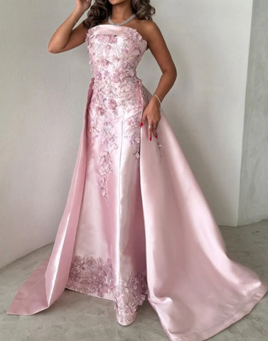 Gorgeous Pink Strapless Satin Appliques Evening Dress Formal Prom Dress Y8427