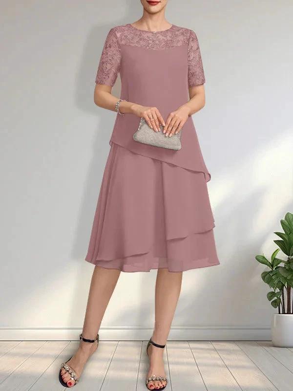A-line Scoop Illusion Knee-Length Lace Chiffon Mother of the Bride Dress With Sequins by Dreamylily