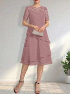 A-line Scoop Illusion Knee-Length Lace Chiffon Mother of the Bride Dress With Sequins by Dreamylily