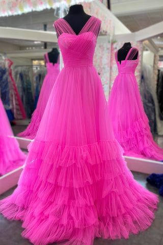 Mariam | Vestido de fiesta de tul con capas y escote en V ilusión de línea A
