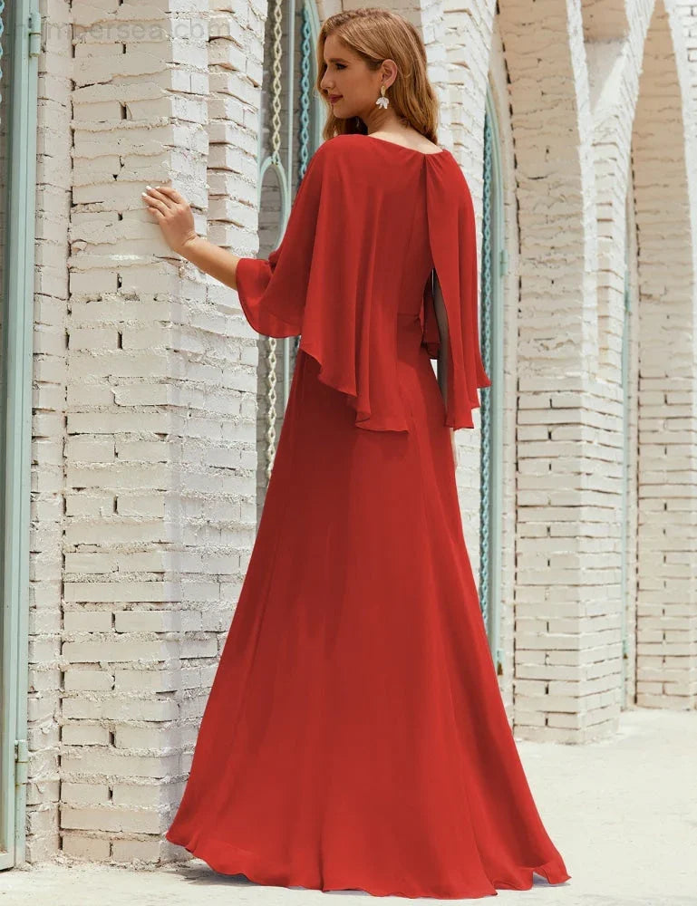 Sunnderly Bridesmaid Dress Women Long Sleeve V-Neck Chiffon Formal Wedding Party Dress SY28018 by numbersea