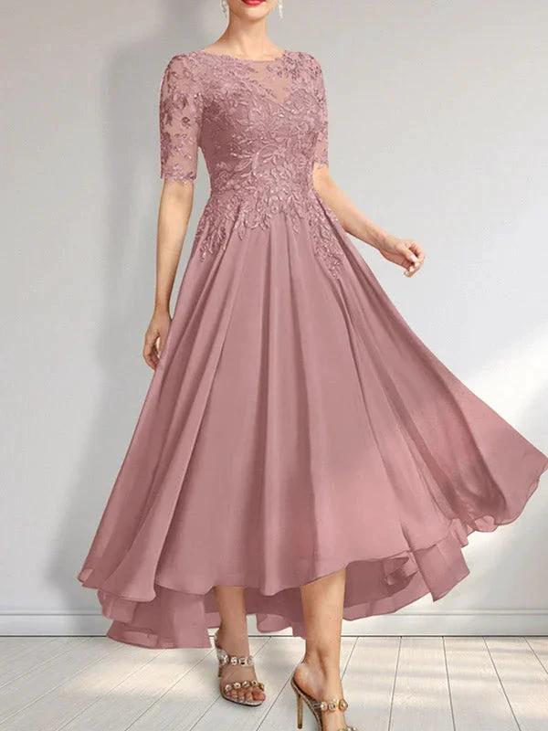 A-line Scoop Illusion Asymmetrical Chiffon Lace Mother of the Bride Dress With Sequins by Dreamylily