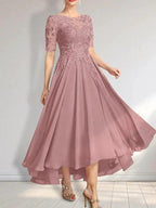A-line Scoop Illusion Asymmetrical Chiffon Lace Mother of the Bride Dress With Sequins by Dreamylily