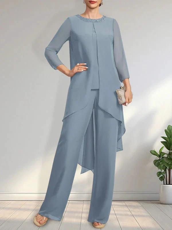 Separates Jumpsuit/Pantsuit Scoop Floor-Length Chiffon Mother of the Bride Dress With Sequins Beading by Dreamylily