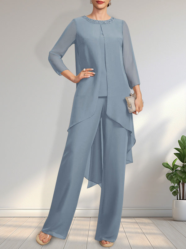 Separates Jumpsuit/Pantsuit Scoop Floor-Length Chiffon Mother of the Bride Dress With Sequins Beading