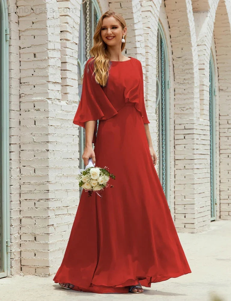 Sunnderly Bridesmaid Dress Women Long Sleeve V-Neck Chiffon Formal Wedding Party Dress SY28018 by numbersea