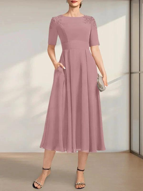 A-line Scoop Tea-Length Chiffon Mother of the Bride Dress With Appliques Lace Sequins by Dreamylily