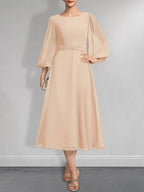 A-line Scoop Tea-Length Chiffon Mother of the Bride Dress With Crystal Brooch Pleated by Dreamylily