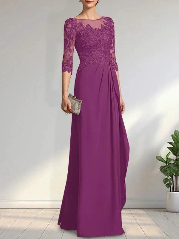 A-line Scoop Illusion Floor-Length Chiffon Lace Mother of the Bride Dress With Beading Sequins Cascading Ruffles by Dreamylily