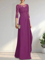 A-line Scoop Illusion Floor-Length Chiffon Lace Mother of the Bride Dress With Beading Sequins Cascading Ruffles by Dreamylily
