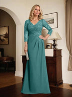 Sheath/Column V-Neck Illusion Floor-Length Lace Chiffon Mother of the Bride Dress With Pleated Sequins by Dreamylily
