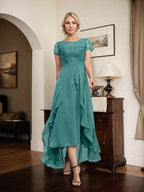 A-line Scoop Illusion Asymmetrical Chiffon Lace Mother of the Bride Dress With Bow Ruffle Sequins by Dreamylily