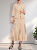 Separates A-line Scoop Tea-Length Chiffon Mother of the Bride Dress With Sequins Beading