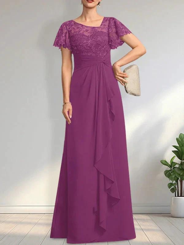 A-line Asymmetrical Illusion Floor-Length Lace Chiffon Mother of the Bride Dress With Cascading Ruffles Sequins by Dreamylily